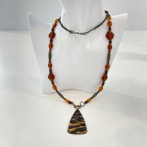 Vintage Y2K Tortoiseshell Pendant Necklace With Amber-Tone Glass Beads & Brass C